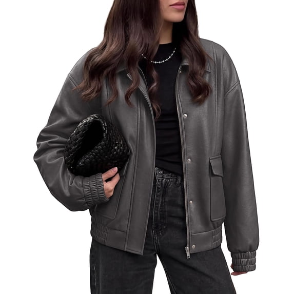 BTFBM Faux Leather Jacket Women Fall Clothes Long Sleeve, Bomber Jackets, Snaps, Pockets, Oversized, Zip Up Motorcycle Outerwear, Airport, Going Out Outfits, Winter Coat