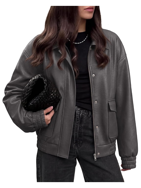 Faux Leather Jacket Women Fall Clothes Long Sleeve, Bomber Jackets, Snaps, Pockets, Oversized, Zip Up Motorcycle Outerwear, Airport, Going Out Outfits, Winter Coat