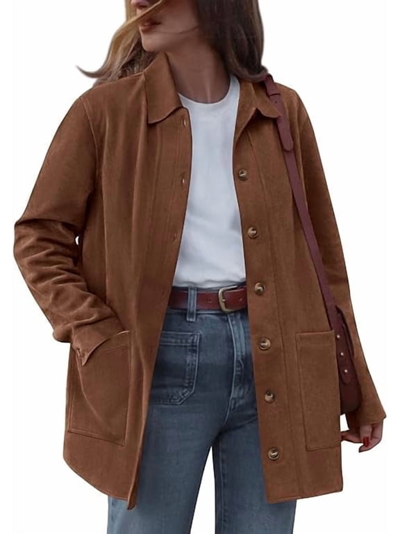 Faux Suede Jacket Women Fall Fashion Leather Jackets Long Sleeve Button Down Winter Coats Shackets Outerwear