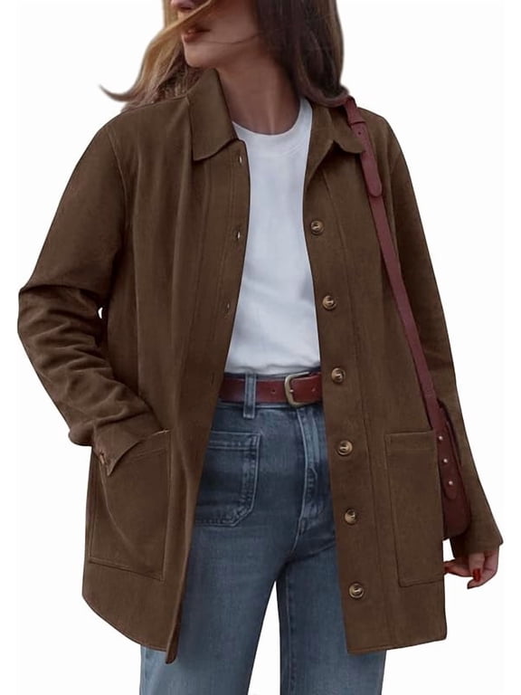 Faux Suede Jacket Women Fall Fashion Leather Jackets Long Sleeve Button Down Winter Coats Shackets Outerwear