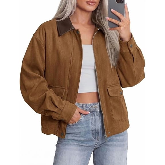 BTFBM Faux Suede Jacket Women Leather Lapel Zip Up Fall Outfits Button Down Long Sleeve Outerwear With Flap Pockets, Early Winter Coats, Motorcycle Jackets, Western Country Concert Outfits