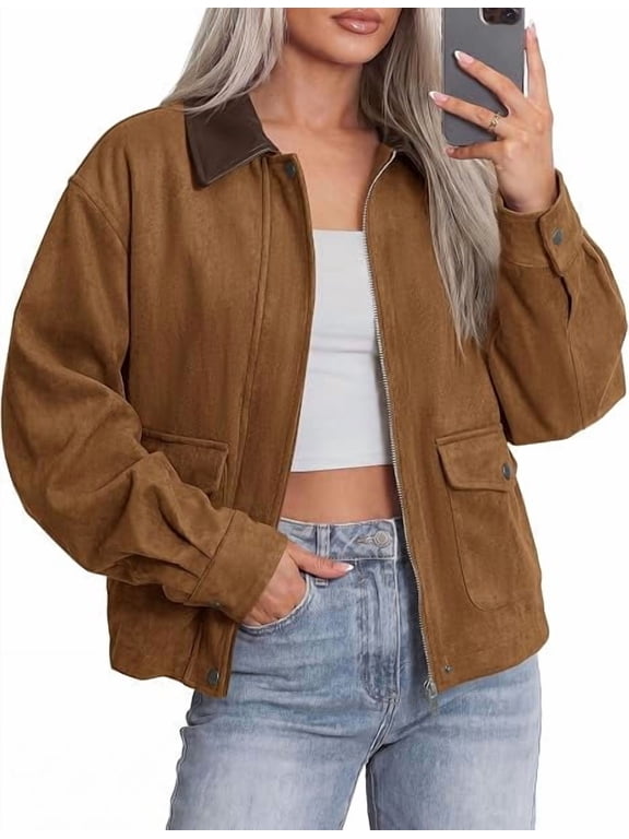 Faux Suede Jacket Women Leather Lapel Zip Up Fall Outfits Button Down Long Sleeve Outerwear With Flap Pockets, Early Winter Coats, Motorcycle Jackets, Western Country Concert Outfits