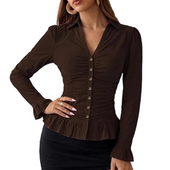BTFBM Fitted Button Down Shirts for Women Dressy Casual Tops | Collar V Neck Long Sleeve Ruched Tops, Stretchy Ruffle Blouses, Fall Fashion Clothing, Work Date Night Going Out Outfits