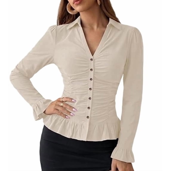 BTFBM Fitted Button Down Shirts for Women Dressy Casual Tops | Collar V Neck Long Sleeve Ruched Tops, Stretchy Ruffle Blouses, Fall Fashion Clothing, Work Date Night Going Out Outfits
