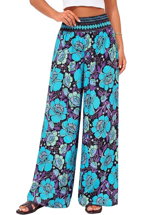 Floral Wide Leg Pants Woman Spring Summer Smocked Elastic Waist Long Pant Resort Wear Beach Vacation Outfits