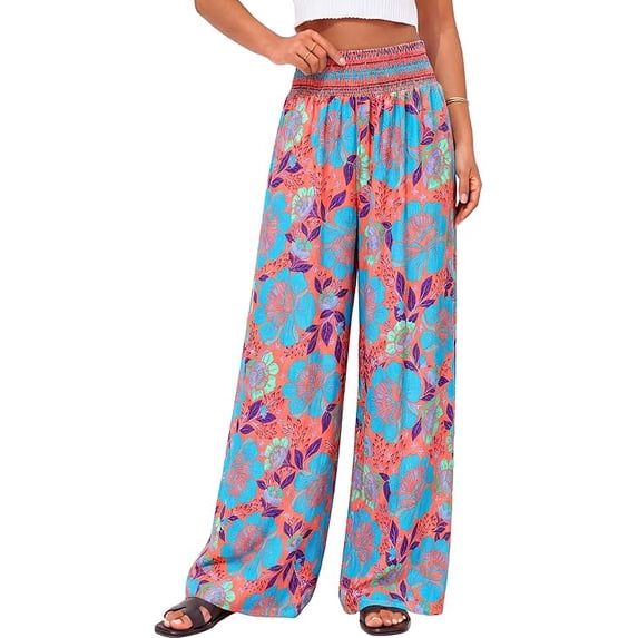 BTFBM Floral Wide Leg Pants Woman Spring Summer Smocked Elastic Waist Long Pant Resort Wear Beach Vacation Outfits