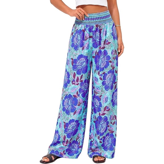 BTFBM Floral Wide Leg Pants Woman Spring Summer Smocked Elastic Waist Long Pant Resort Wear Beach Vacation Outfits