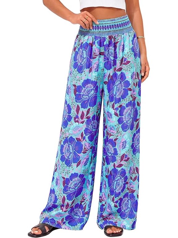 Floral Wide Leg Pants Woman Spring Summer Smocked Elastic Waist Long Pant Resort Wear Beach Vacation Outfits