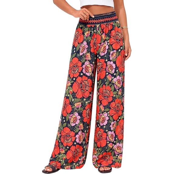 BTFBM Floral Wide Leg Pants Woman Spring Summer Smocked Elastic Waist Long Pant Resort Wear Beach Vacation Outfits