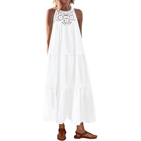 BTFBM Halter Summer Dresses for Women Casual Spring Hollow Out Sleeveless Boho Sundresses Beach Vacation Maxi Dress