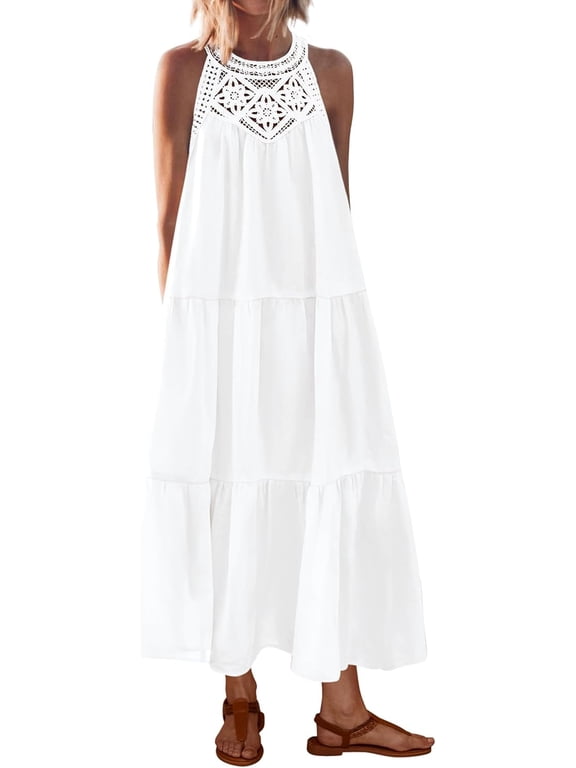 Halter Summer Dresses for Women Casual Spring Hollow Out Sleeveless Boho Sundresses Beach Vacation Maxi Dress