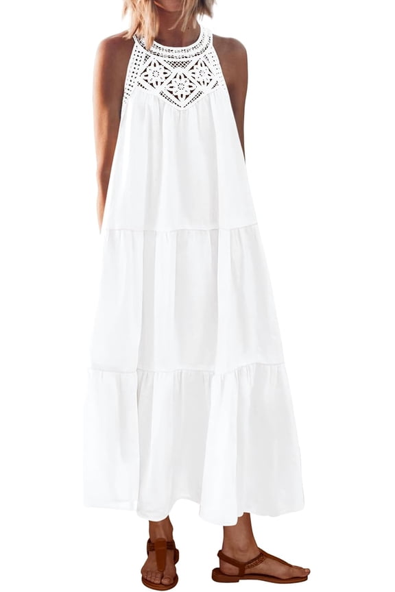 Halter Summer Dresses for Women Casual Spring Hollow Out Sleeveless Boho Sundresses Beach Vacation Maxi Dress
