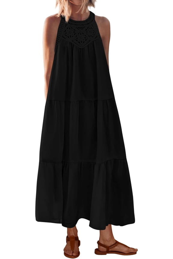 Halter Summer Dresses for Women Casual Spring Hollow Out Sleeveless Boho Sundresses Beach Vacation Maxi Dress