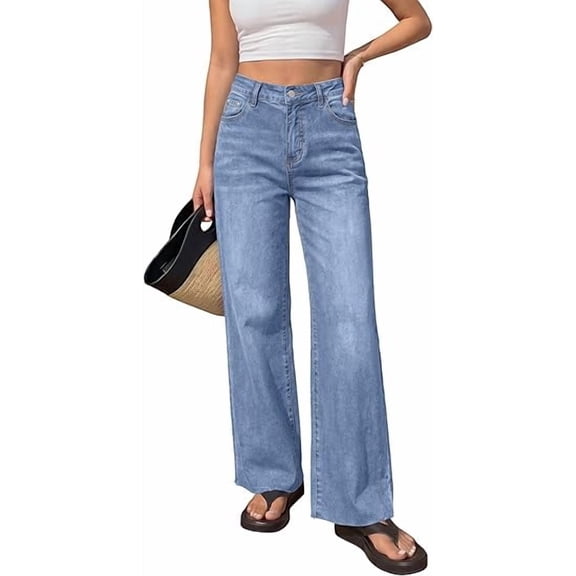 BTFBM Jeans for Women Summer High Waisted Button Straight Leg Stretchy Cropped Raw Hem Trendy Denim Pants Pockets