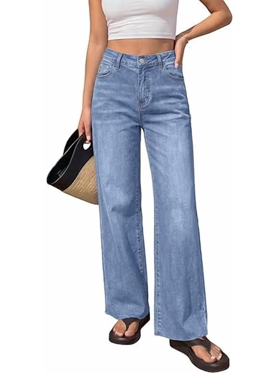 Jeans for Women Summer High Waisted Button Straight Leg Stretchy Cropped Raw Hem Trendy Denim Pants Pockets