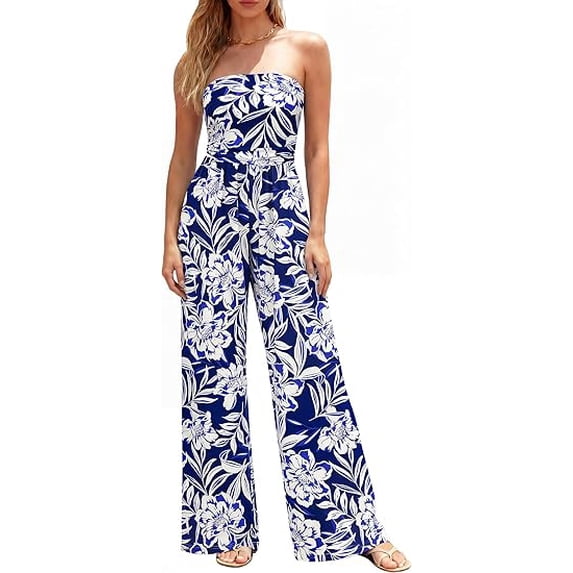 BTFBM Jumpsuits For Women Casual Floral Strapless Jumpsuit Wide Leg Rompers Beach Vacation Clothes Summer Outfits