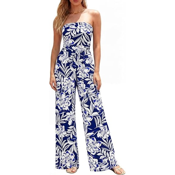 BTFBM Jumpsuits For Women Casual Floral Strapless Jumpsuit Wide Leg Rompers Beach Vacation Clothes Summer Outfits