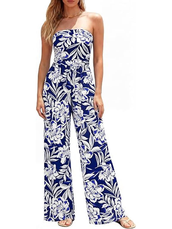 Jumpsuits For Women Casual Floral Strapless Jumpsuit Wide Leg Rompers Beach Vacation Clothes Summer Outfits