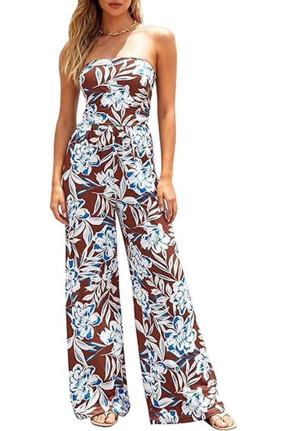 Jumpsuits For Women Casual Floral Strapless Jumpsuit Wide Leg Rompers Beach Vacation Clothes Summer Outfits
