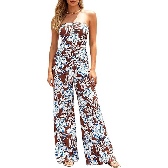 BTFBM Jumpsuits For Women Casual Floral Strapless Jumpsuit Wide Leg Rompers Beach Vacation Clothes Summer Outfits
