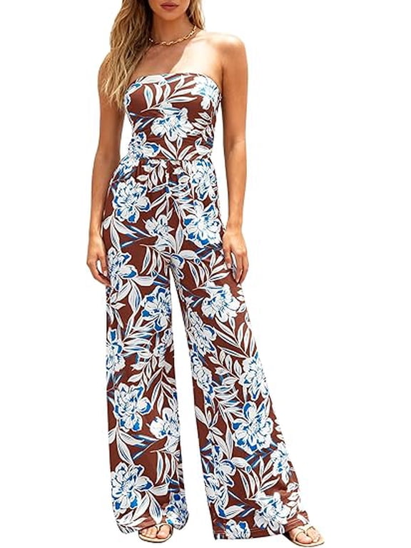 Jumpsuits For Women Casual Floral Strapless Jumpsuit Wide Leg Rompers Beach Vacation Clothes Summer Outfits