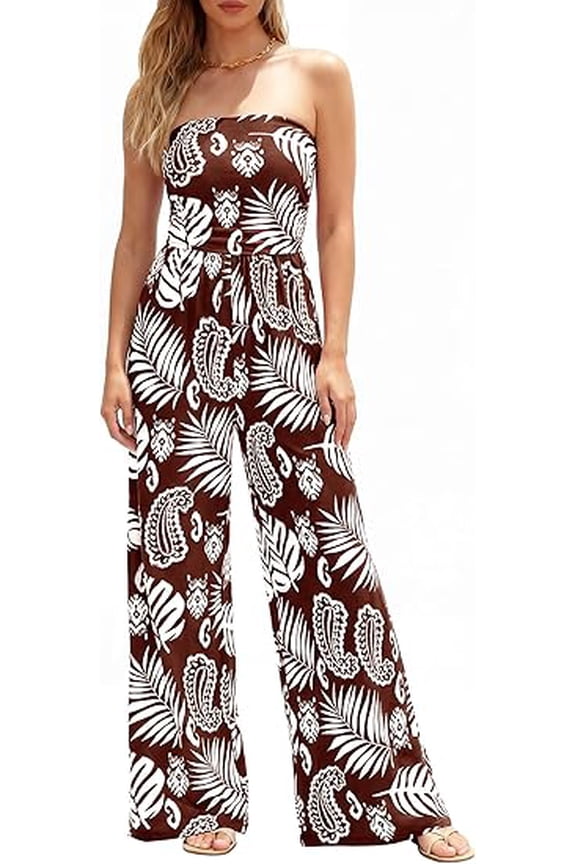 Jumpsuits For Women Casual Floral Strapless Jumpsuit Wide Leg Rompers Beach Vacation Clothes Summer Outfits