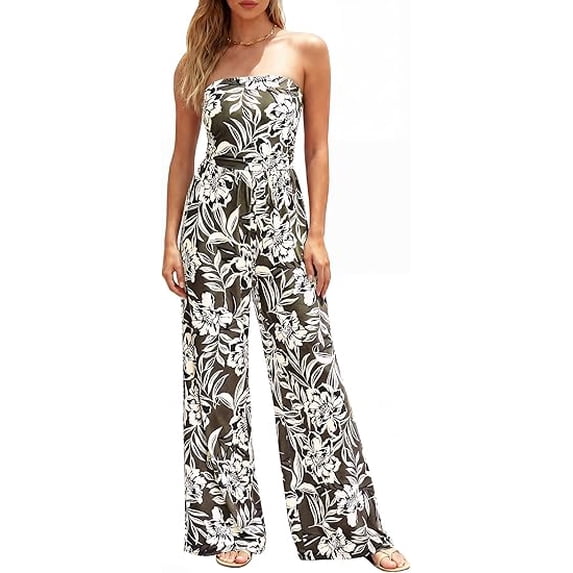 BTFBM Jumpsuits For Women Casual Floral Strapless Jumpsuit Wide Leg Rompers Beach Vacation Clothes Summer Outfits