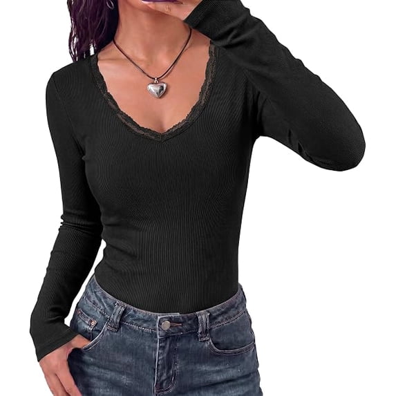 BTFBM Lace Deep V Neck Fitted Long Sleeve Shirts for Women | Womens Fall Fashion, Casual T Shirt, Base Layer, Basic Undershirts, Slim Fit Going Out Tops, Date Night Out Outfits