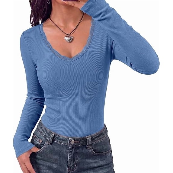 BTFBM Lace Deep V Neck Fitted Long Sleeve Shirts for Women | Womens Fall Fashion, Casual T Shirt, Base Layer, Basic Undershirts, Slim Fit Going Out Tops, Date Night Out Outfits