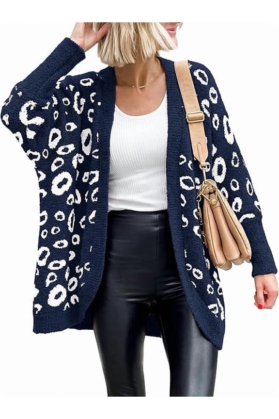 Leopard Cardigan for Women Long Sleeve Open Front Cardigans Sweaters Pockets Loose Knit Fall Spring Outwear