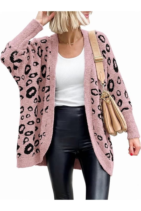 Leopard Cardigan for Women Long Sleeve Open Front Cardigans Sweaters Pockets Loose Knit Fall Spring Outwear
