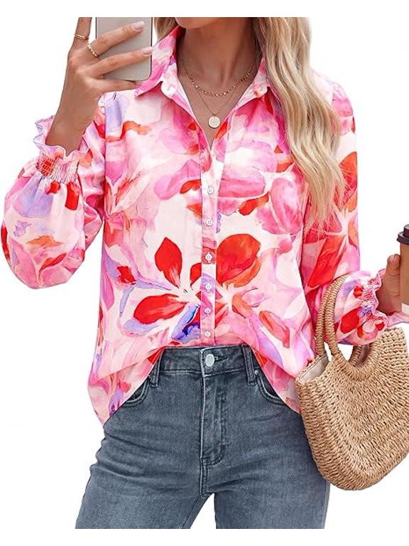 Long Sleeve Blouses for Women, Floral V Neck Button Down Shirts, Smocked Cuffs, Business Casual Summer Outfits