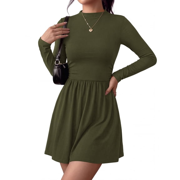 BTFBM Long Sleeve Dresses for Women Mock Neck A Line Flowy Mini Dress Swing Pleated Hem,Cocktail Party Club Holiday Going Out Outfits,Dressy Casual Winter,Trendy Early Fall Fashion Clothing