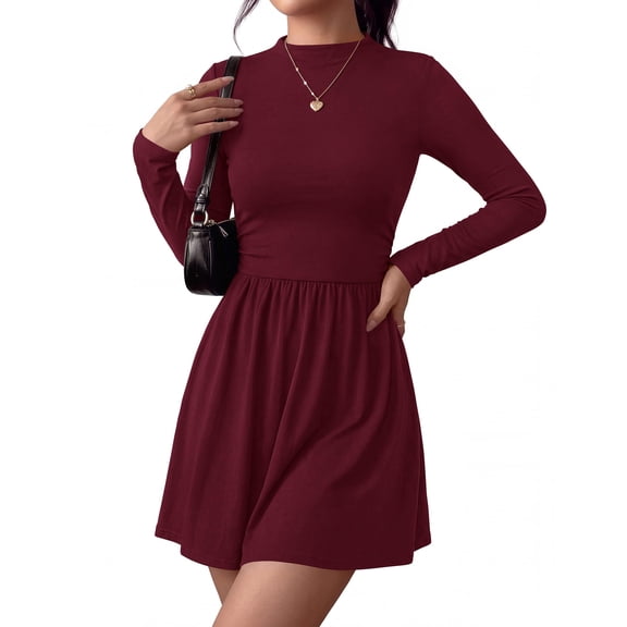 BTFBM Long Sleeve Dresses for Women Mock Neck A Line Flowy Mini Dress Swing Pleated Hem,Cocktail Party Club Holiday Going Out Outfits,Dressy Casual Winter,Trendy Early Fall Fashion Clothing