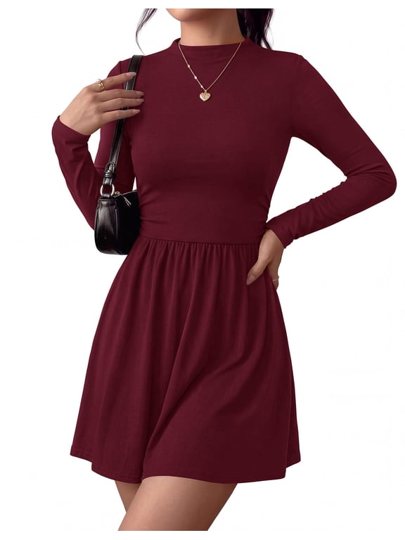 Long Sleeve Dresses for Women Mock Neck A Line Flowy Mini Dress Swing Pleated Hem,Cocktail Party Club Holiday Going Out Outfits,Dressy Casual Winter,Trendy Early Fall Fashion Clothing