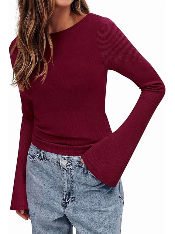 Long Sleeve Shirts for Women Spring Y2K Clothes Casual Boat Neck Bell Sleeve Fitted Fall Going Out Tops