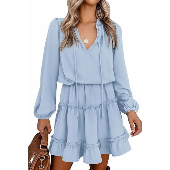 BTFBM Long Sleeve Summer Dresses for Women Casual Tie Neck Ruffle Tiered A Line Mini Spring Wedding Guest Dress