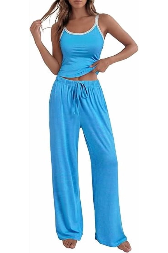Lounge Sets For Women Striped 2 Piece Pajama Sets Spaghetti Strap Tops Wide Leg Pants Beach Vacation Outfits