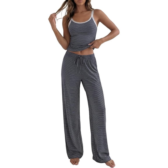 BTFBM Lounge Sets For Women Striped 2 Piece Pajama Sets Spaghetti Strap Tops Wide Leg Pants Beach Vacation Outfits