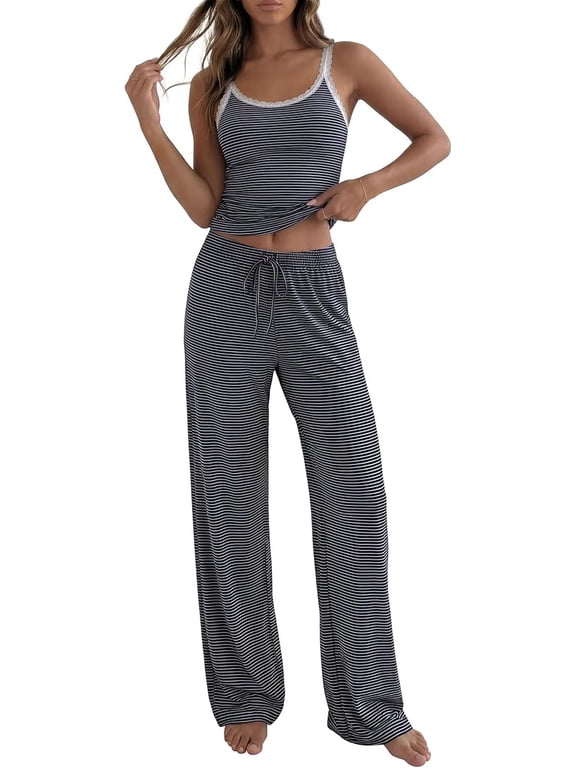 Lounge Sets For Women Striped 2 Piece Pajama Sets Spaghetti Strap Tops Wide Leg Pants Beach Vacation Outfits