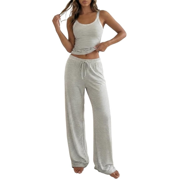 BTFBM Lounge Sets For Women Striped 2 Piece Pajama Sets Spaghetti Strap Tops Wide Leg Pants Beach Vacation Outfits