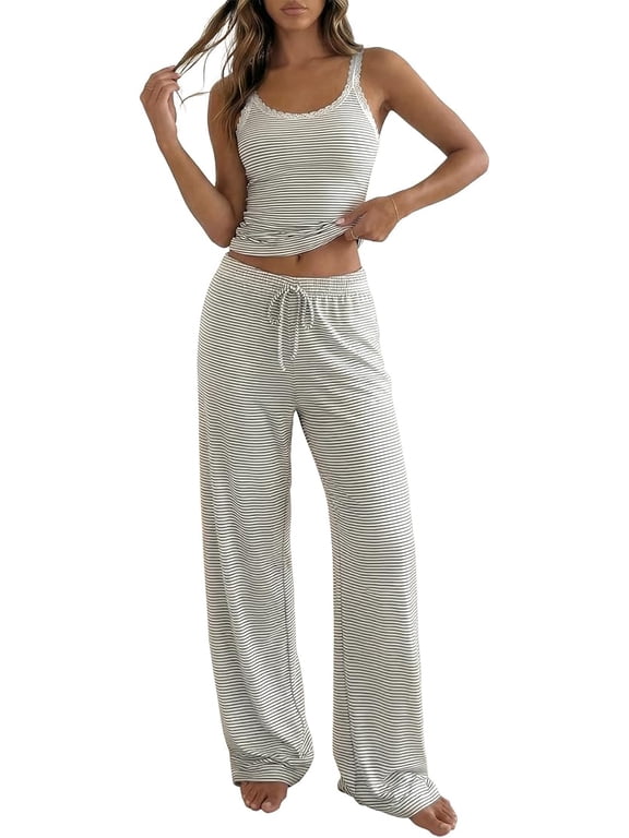 Lounge Sets For Women Striped 2 Piece Pajama Sets Spaghetti Strap Tops Wide Leg Pants Beach Vacation Outfits