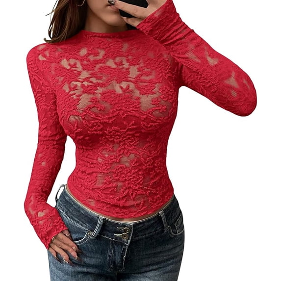 BTFBM Mesh Long Sleeve Tops for Women Lace Sheer Tight See Through Crew Neck Spring Fall Party Club Outfits