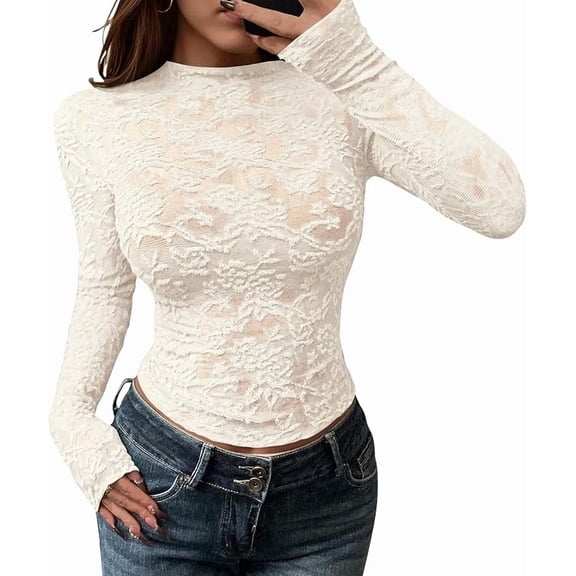 BTFBM Mesh Long Sleeve Tops for Women Lace Sheer Tight See Through Crew Neck Spring Fall Party Club Outfits