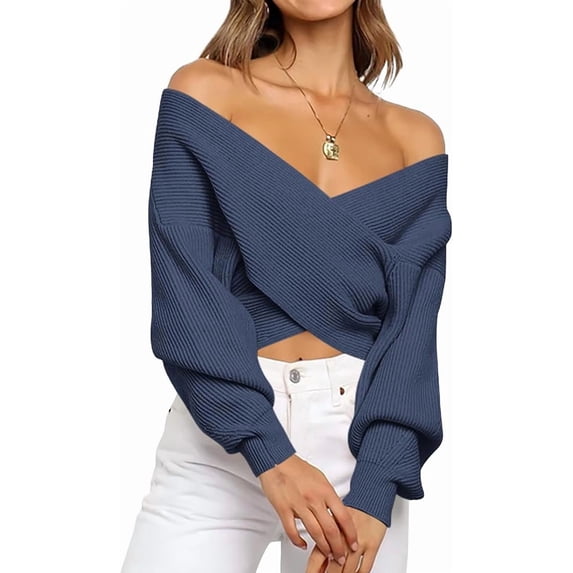 BTFBM Off The Shoulder Sweater for Women Winter Fall Fashion V Neck Long Sleeve Ribbed Knit Wrap Cropped Sweaters