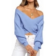 thumbnail image 1 of BTFBM Off The Shoulder Sweater for Women Winter Fall Fashion V Neck Long Sleeve Ribbed Knit Wrap Cropped Sweaters, 1 of 10