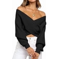 thumbnail image 1 of BTFBM Off The Shoulder Sweater for Women Winter Fall Fashion V Neck Long Sleeve Ribbed Knit Wrap Cropped Sweaters, 1 of 10