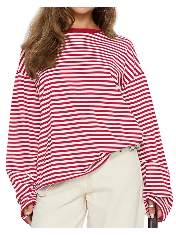 Womens Long Sleeve Tops Fall Fashion | Lightweight, Crew Neck, Oversized Striped Shirt Women, Y2k Clothes, Vacation Travel Outfits, Going Out Top, Winter Layering