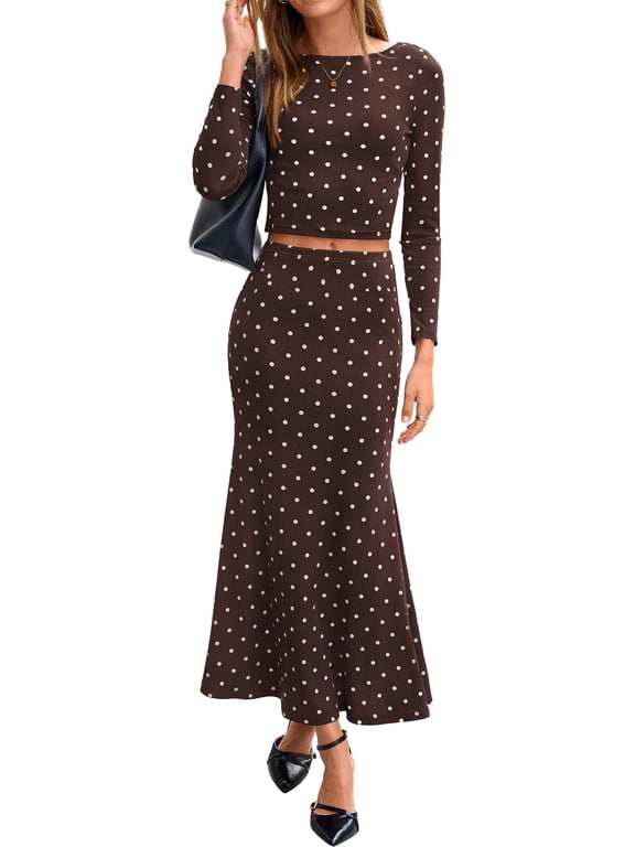 Polka Dot Skirt Matching Sets Women Clothing Fall 2 Piece Outfits Lightweight, Slim Fit, Long Sleeve Crop Tops and Maxi Skirts, Party, Club, Going Out, Business Casual Clothes, Y2k Lounge Set