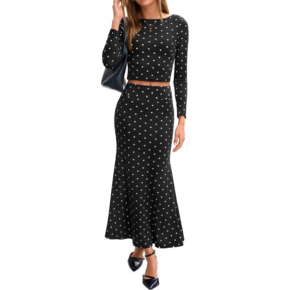 BTFBM Polka Dot Skirt Matching Sets Women Clothing Fall 2 Piece Outfits Lightweight, Slim Fit, Long Sleeve Crop Tops and Maxi Skirts, Party, Club, Going Out, Business Casual Clothes, Y2k Lounge Set